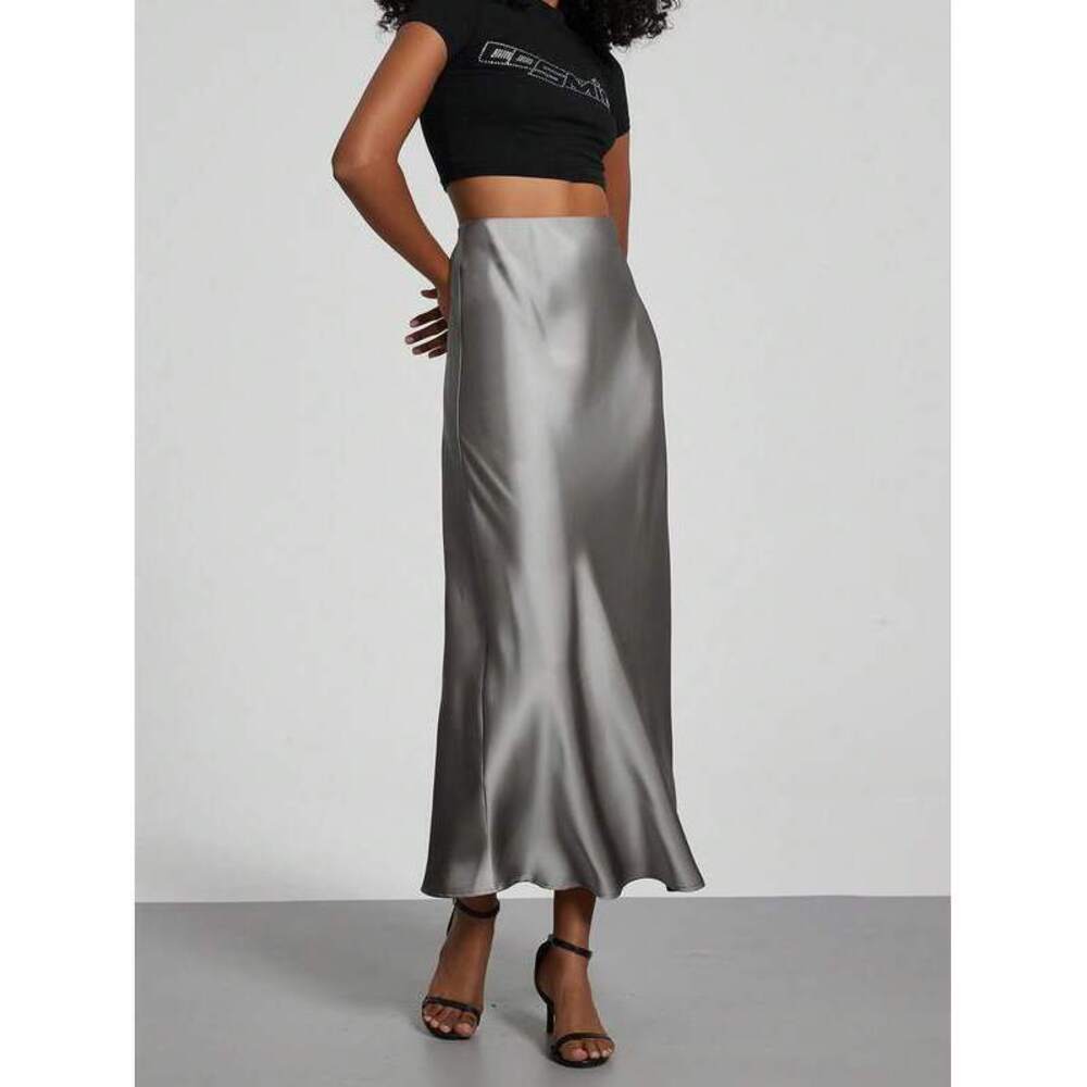 Se-Helo Fashion Elastic Satin Feeling Satin Maxi Skirt - Light Gray Spri